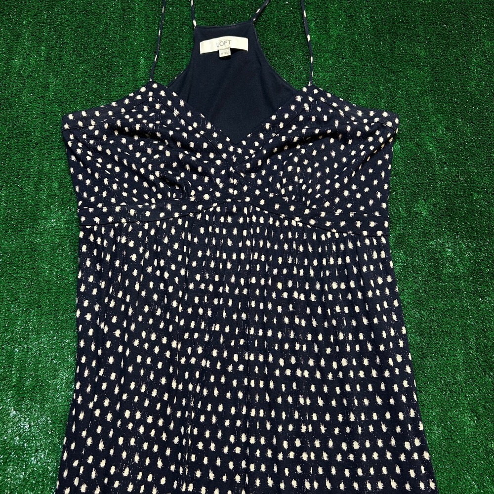 LOFT Midi Dress Halter Empire Waist Polka Dot Navy Blue Size M